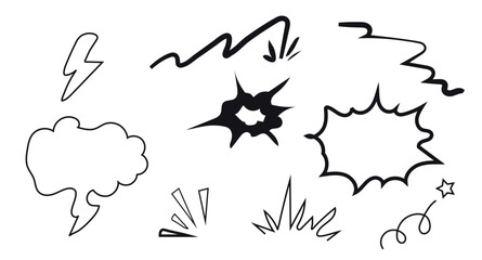 Collection of Hand-Drawn Comic-Style Doodles and Cartoonish Explosions Isolated on White Background Vector Set of Black and White Graphic Elements