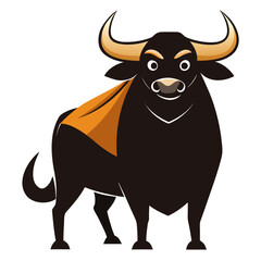 Stylized black bull with golden horns and an orange cape