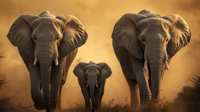A majestic family of elephants walking together in the african savanna at sunset