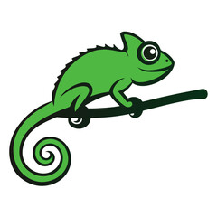 Cute green chameleon perched on a dark branch with a curled tail