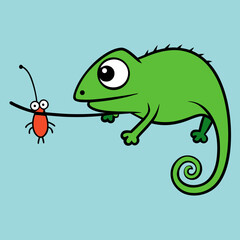 Cute cartoon green chameleon looking at a small red bug on a branch