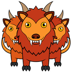 Three headed cartoon monster with horns and sharp teeth