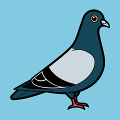 Stylized cartoon pigeon standing against a blue background