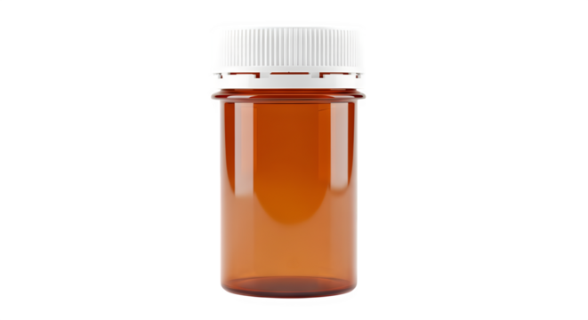 Empty amber prescription bottle with white cap isolated on transparent background