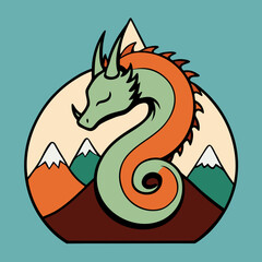 Stylized dragon resting over mountains in a retro design