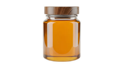 Glass jar filled with golden honey isolated on transparent background, sealed with wooden lid