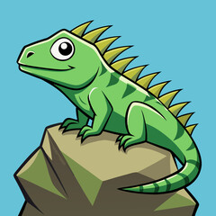 Cute cartoon green lizard with yellow spikes sitting on a rock