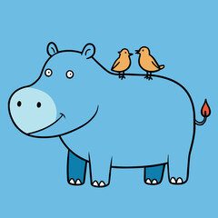 Cute cartoon hippo with two little birds on its back