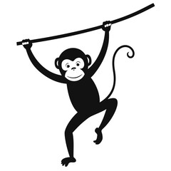 Black silhouette of a happy monkey hanging from a branch