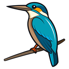 Cartoon kingfisher bird perched on a branch isolated on white background