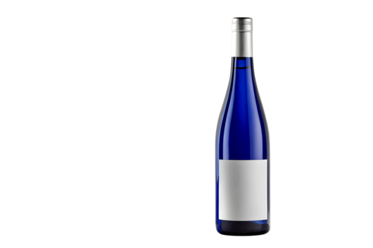 Elegant blue glass bottle with a blank label, professionally isolated on a pristine white background. Perfect for wine, spirits, or premium beverage branding and product mockups