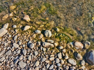 Clear shallow river water flowing over smooth multicolored stones, sunlight creating gentle reflections on the pebbles and natural rocky riverbed.