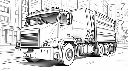 Detailed line drawing of garbage truck on suburban street with houses and trees. Neural network AI generated