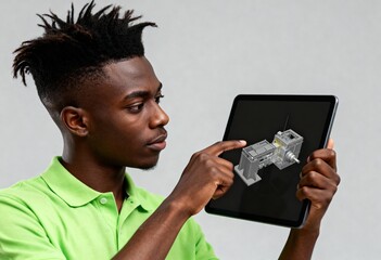 Focused black engineer using a tablet to review a 3D CAD model of machinery. Young male student studying a digital prototype. Engineering and technology concept