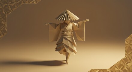 Low-poly origami figure in traditional Japanese attire, performing a graceful pose against a muted gold background.