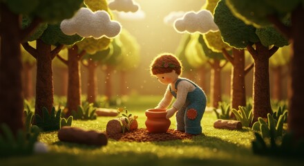 Cute child planting a flower in a miniature forest scene.