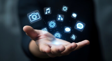 Hands Holding Floating Digital Icons: A Futuristic Display of Apps, Tech, and Connectivity.