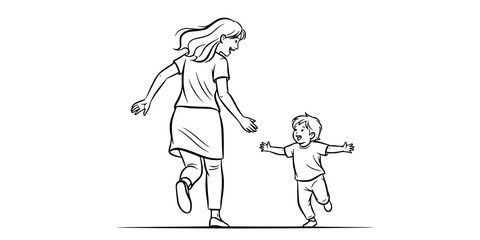 Fototapeta premium Mother and Child Running Playfully Simple Line Art Vector