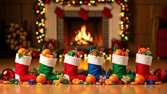 Saint Nicholas Day Eve festive stockings filled with tangerines and candies arranged before a warm fireplace decorated with Christmas lights and festive ornaments.