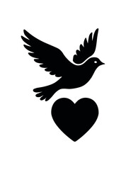 Obraz premium bird flying over heart flat black solid vector illustration isolated on white background