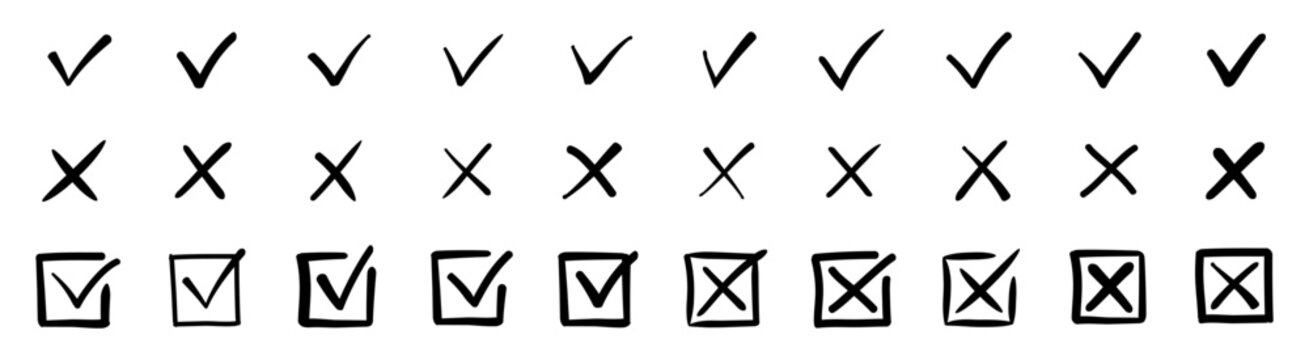 Check tick mark icon set, hand drawn cross box x check mark checkbox v, sketch marker checklist symbol right and wrong set, brush marker checklist symbol