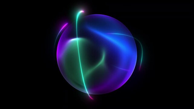 Bright multicolor sphere with green, blue, purple gradient on black background. Abstract neon glowing energy of sphere moving with magical lines, optical rotation of ball, 4K loop, circular plasma