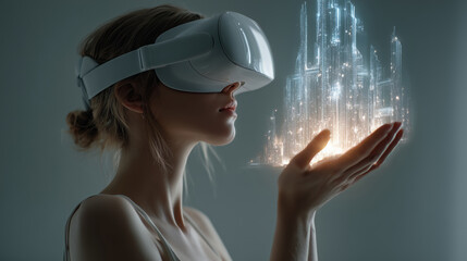 Woman in Virtual Reality Headset Envisions Glowing Holographic City in Her Hands During a Demo Experience