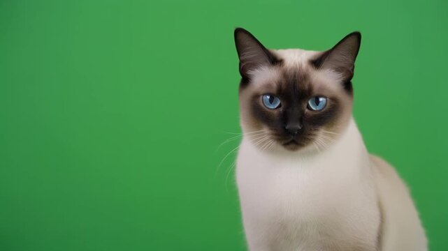 Dramatic Siamese Cat Judgmental Stare Green Screen Video, 4K Alpha Channel