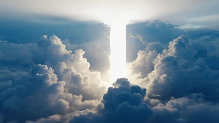 Flying Through Clouds to Heaven's Gate. A bright vertical beam of light shining from the sky. - Powered by Adobe
