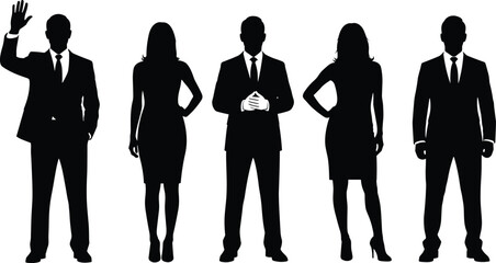 Business team silhouette, male female professionals, corporate attire, leadership pose, unity concept, career diversity, vector illustration, formal group