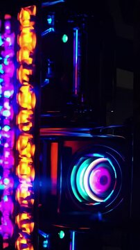 close-up rgb pc fan and cooler glowing with neon lights, circular fan ring and illuminated strips create colorful reflections inside sleek chassis, high-tech hardware aesthetic for enthusiast builds