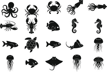 Silhouettes of sea creatures, marine animals, ocean life, black vector illustration, squid, crab, fish, turtle, jellyfish, seahorse, stingray