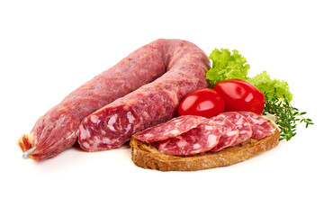 Salami with bread tomatoes and lettuce, isolated on white background