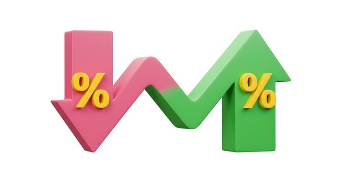 3d red down arrow and green up arrow with percentage signs isolated on white background