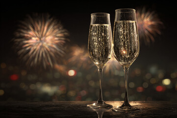 Two glasses of bubbly champagne await the new year celebration with fireworks in the background