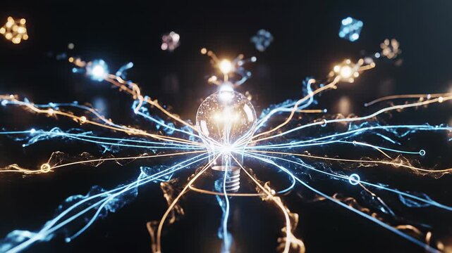 Light bulbs glowing with sparks amidst blue and yellow lights, capturing the innovative concept of technological advancement and scientific discovery, perfect for backgrounds or advertisements.