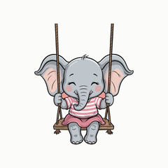 Cute cartoon baby elephant wearing pink striped shirt and skirt happily swinging on a wooden swing illustration