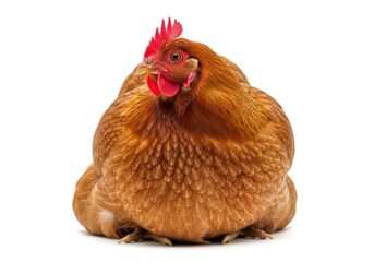 A plump brown hen sitting down isolated on white background