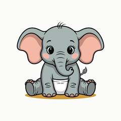 Cute cartoon baby elephant with big ears and diaper sitting down on a yellow ground animal