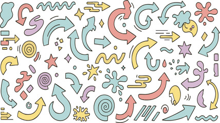 Hand drawn doodle arrows set colorful sketch elements collection indicating direction movement