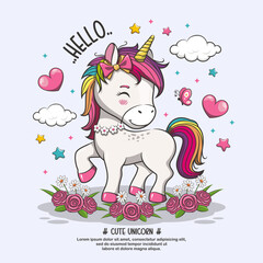 Cute Little Horse Pony Rainbow Unicorn, Vector Cartoon Illustration