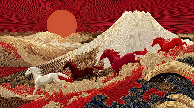 Fantasy landscape with horses in a contrasting red themed environment