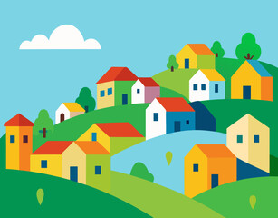 Naklejka premium Houses on a green hill
