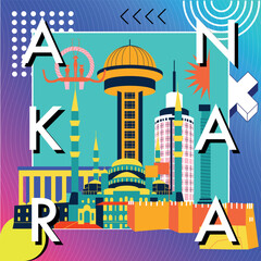 Typography word "Ankara" branding technology concept. Collection of flat vector web icons. Memphis culture travel set, famous architectures and specialties detailed silhouette. Turkish famous landmark