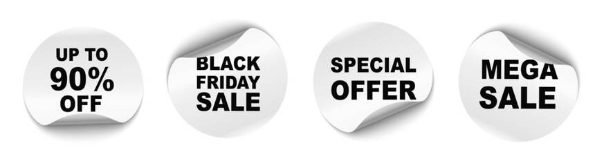Offer sticker tag set. Sale promo sign. Black friday paper price banners. Curled round white paper sticker with different advertising texts