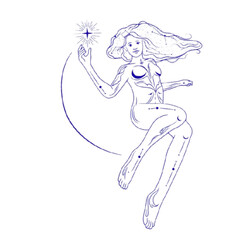 Celestial woman reaching for a star, a stunning goddess illustration symbolizing dreams, inspiration, and the magic of the universe in elegant line art