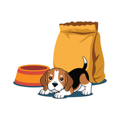 Cute cartoon beagle puppy lying down next to a dog food bag and a colorful food bowl animal.