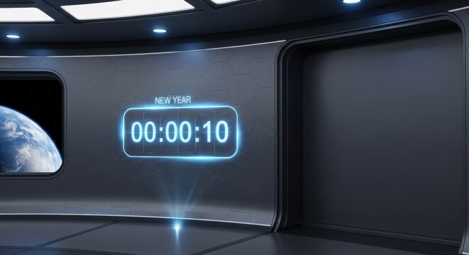 New Year countdown inside futuristic spaceship or space station with earth view from window. Concept of future celebration and time passing. - Powered by Adobe