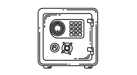 Minimalist line art of a secure safe with dial and keypad representing financial security