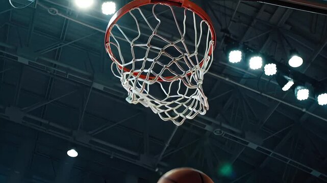 Basketball dunk into hoop Athlete Team Sports Competition Gym Court Game Score Action Exercise Training Bottom to Top View